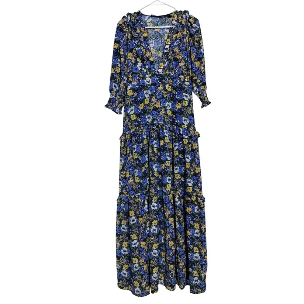 Code x Mode Women's‎ Blue Yellow Ruffle Tiered Floral Casual Maxi Dress Size S